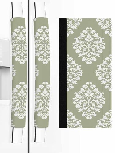 Baroque Sage Green Refrigerator Door Handle Covers Set of 2, Vintage Damask Classic Floral Kitchen Appliance Covers Handle Decor Protector for Ovens Dishwashers Microwave Ornaments