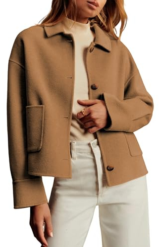 Dqbeng Women Cropped Pea Coat Boxy Fit Casual Short Jacket Outerwear with Pockets (Camel-L)
