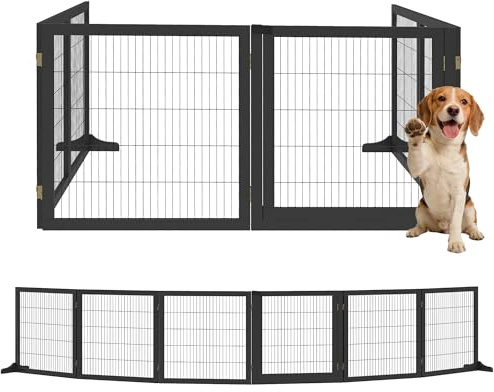PawHut Barrière de sécurité Chien Pliable à 6 Panneaux, autoportante avec Pieds de Support Amovibles, barrière Chien intérieur en Bois de pin, pour escalier, Porte, couloirs, 432 x 36 x 70 cm, Noir