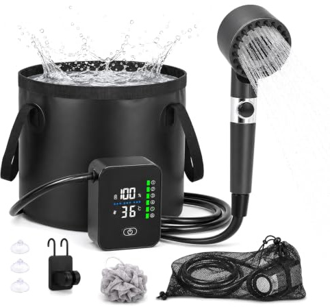 Doccia Da Campeggio, Con Secchio Pieghevole 20L, 8000 Mah Doccia Ricaricabile Portatile, Impermeabile Ipx7, Con Display Digitale Intelligente Per Spiaggia Giardino Lavaggio Auto (No riscaldatore)
