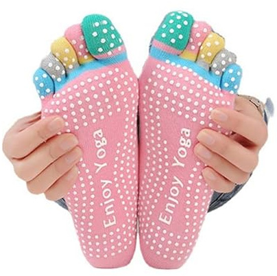 Veewon 4 Pairs Full Toe Non Slip Skid Yoga Socks with Toes Pilates with Grips Cotton for Women, Random Color
