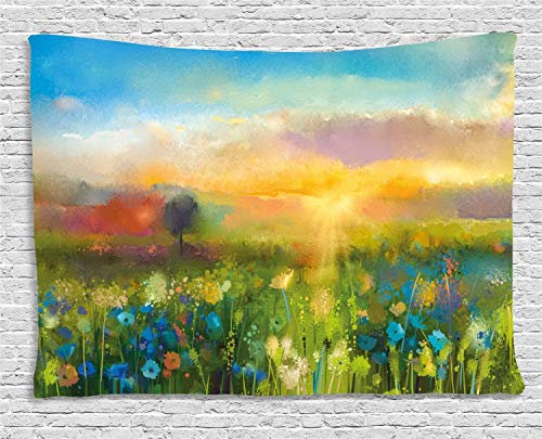 ABAKUHAUS Kunst Wandteppich, Löwenzahn blüht in der Wiese, Wohnzimmer Schlafzimmer Heim Seidiges Satin Wandteppich, 150 x 100 cm, Aqua Grün