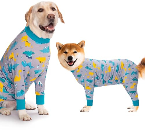Yeapeeto Einteiler für Hunde, zur Erholung, für große und mittelgroße Hunde, Schlafanzug, Ganzkörper für Haarausfall, Allergien, Anti-Lecken, Wundschutz, Kegel-Alternative (2XL, Dinosaurier)