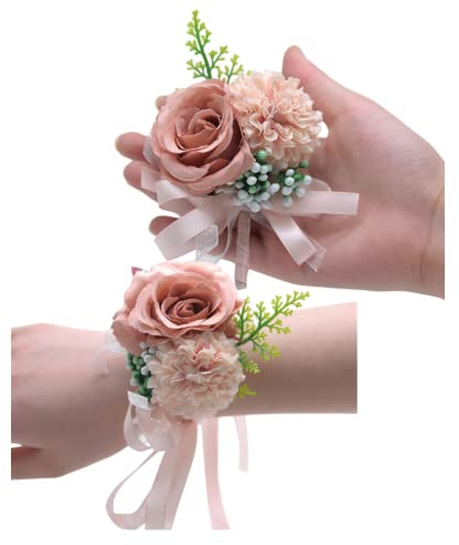 Rikyo 2-pack blomma handled bröstbukett knapphålsfodral, 7,6 cm konstgjord ros och nejlika handledskorsage och män Boutonniere set, silkesblomma för bröllop blommor accessoarer bal kostym dekor