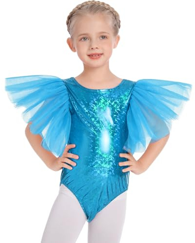 Kids Gymnastics Leotards for Girls Spandex Bodysuit Glitter Shiny Metallic Ballet Dance Top Puff Tulle Sleeve One Piece Unitard Jumpsuit Stage Performace Dancewear Blue 3-4 Years