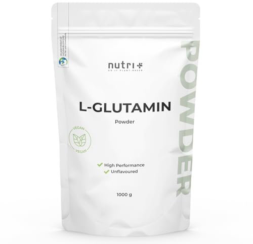 Nutri + L Glutamin Pulver Vegan 1 kg - Neutral & hochdosiert ohne Zusatzstoffe - 100% natur rein - Fermentiertes L-Glutamin Powder Made in Germany