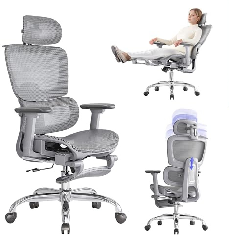 LarkLeaves Sedia Ergonomica da Ufficio con Poggiapiedi e Cuscino Cervicale | Schienale Regolabile 5 Livelli | Supporto Lombare 2D | Braccioli/Testiera 3D | Rete Breathable | per Ufficio/Casa, Grigio
