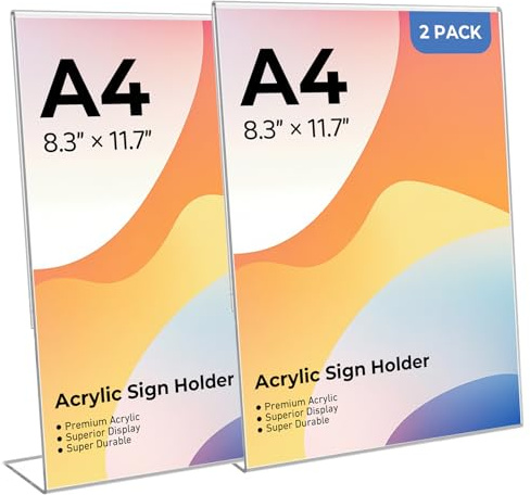 jdryhc A4 Menu Holders, 2 Pack Double Side Display Acrylic Sign Holder, A4 Clear Poster Holder Perspex Display Stand for Office School Home Restaurant