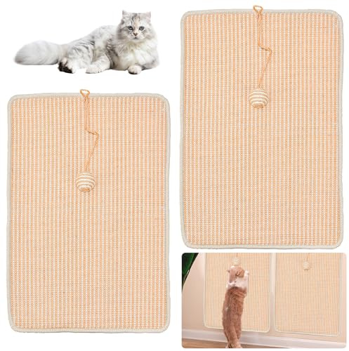 XRPRPX 2 Alfombrillas Rascadores para Gatos de 59 x 39 cm Protector Rascador de Sofá para Gatos Alfombra de Sisal Rascadora Adhesiva con Bola de Campanilla Rascadora de Uñas para Gatos Suelo Pared