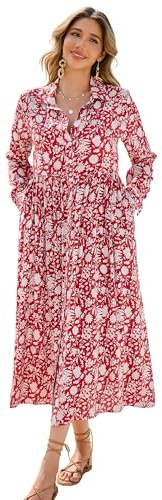 R.Vivimos Donna Estate Manica Lunga Midi Abito Boho Florale Cotone Fit Sciolto Abiti Camicia con Tasche(M,Red)