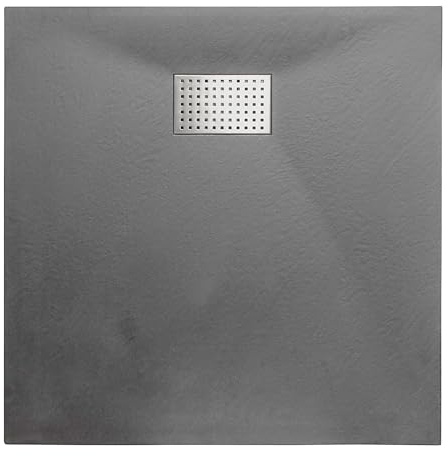 Thermopanel SMC Dark Grey Shower Trays Base Slate Stone Effect Textured Non Slip with Stainless Steel Drain Cover - 1200 x 900mm