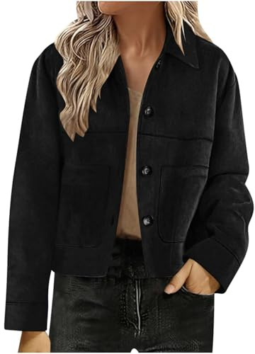 Women's Faux Suede Jacket Long Sleeve Lightweight Cropped Blazers Button Down Loose Fit Jackets Ladies Elegant Outwear Lapel Pullover Tops Bomber Jacket Solid Color Streetwear
