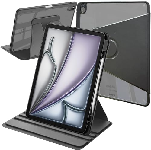 Newbillion Fodral för iPad Air 13 Tum M3/M2 (2025/2024) med Pennhållare, 360 Grader Roterande Stand, Klar Transparent Hårt Tillbaka Stötsäkert Lättviktig Skal, Svart