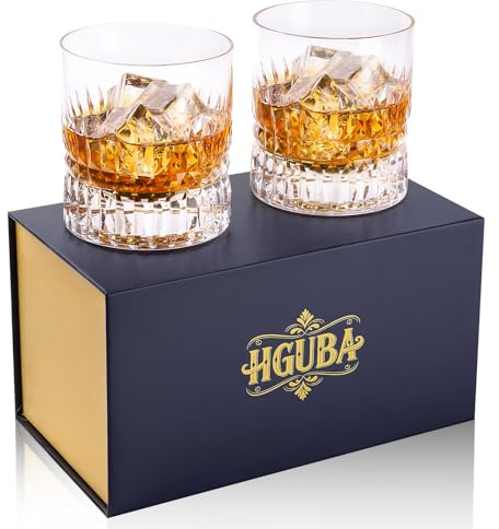 Hguba Hand Cut Crystal Whiskey Glasses Set of 2, Lead-Free Old Fashioned Glass with Heavy Base, 11oz Elegant Barware for Scotch, Bourbon, Brandy - Perfect for Men, Dad, Him