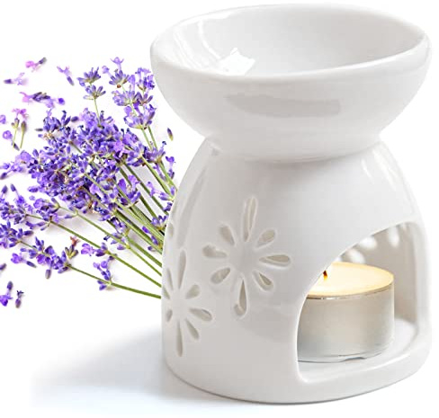 Lampada profumata per oli essenziali, lampada aromatica in ceramica con portacandela e motivo floreale, diffusore di oli profumati, diffusore di aromi per un'atmosfera rilassante, 9,5 x 7,5 x 5,3 cm