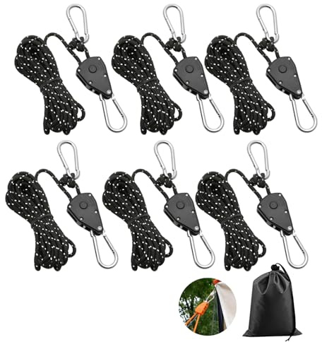 6 funi di tensione con cricchetto, 4 m, con tendifune, corda di tensione da 1/8 con cricchetto, funi di tensione con ganci, corda di tensione per tenda, antivento, per esterni, campeggio (nero)