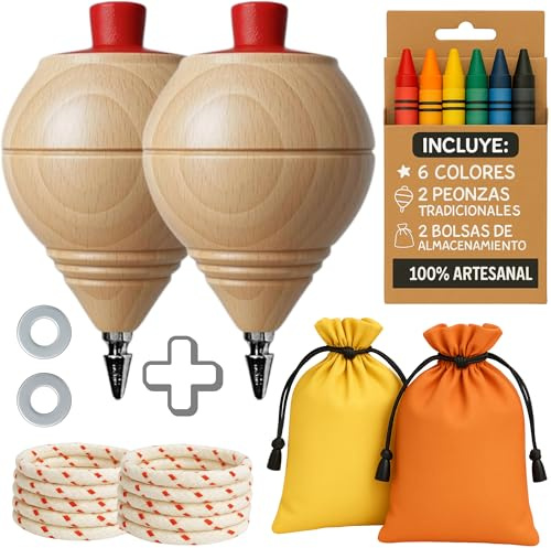 AF® - Peonza Madera, Set 2 Peonzas Niños, 6 Ceras de Colores para Niños | Personaliza tu Trompo Madera Tradicional con Punta Bolígrafo | Ideal como Detalle Alumnos Fin de Curso