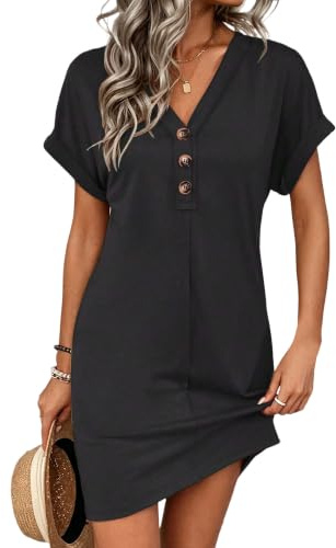 Dam V-ringad knapp fram mini t-shirt klänning rulle manschett ärm sommar