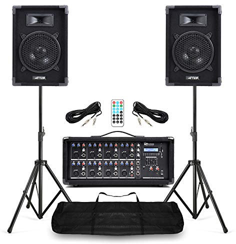 Small band PA system with 8-inch passive speakers, 8-channel powered mixer, tripod stands, and cables – portable complete sound solution for band practice, live events, schools, church and DJs