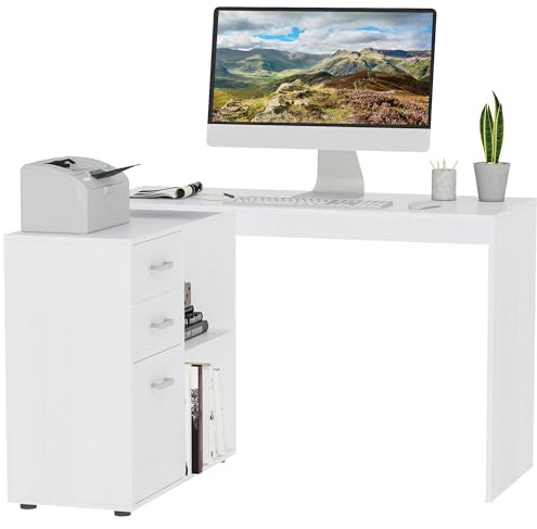 HOMCOM L-Shaped Computer Desk, 2 Shaped Corner Desk with Drawers, File Cabinet and Storage Shelves, Home Office Desk, White