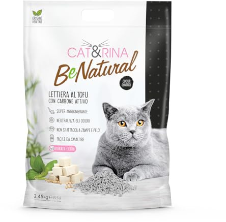 Cat&Rina BeNatural, 5,5 l Kattströ med tofu. Klumpbildande kattströ på vegetabilisk basis. Kan användas i upp till 30 dagar. Kan spolas ner i toaletten. Kattströ med aktivt kol.