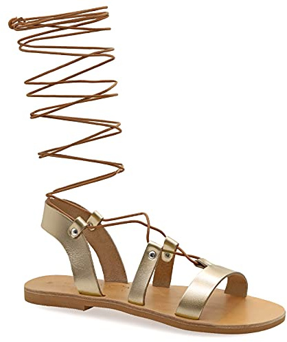 Emmanuela Sandalias de cuero estilo griego antiguo hasta la rodilla, hechas a mano con puntera abierta, sandalias de gladiador planas, zapatos de verano de calidad con tiras para mujer,Oro, 40 EU
