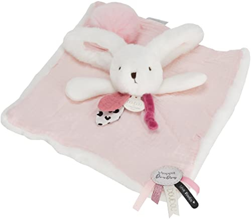 DOUDOU ET COMPAGNIE - Doudou Carré Lapin - 25 cm - Collection Happy Blush - Rose - Pompon Rubans Tissés Touche de Lange - Idée Cadeau Naissance Filles Garçons - Peluche Éveil de l'Enfant - DC3744