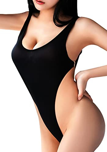 PBQOA Bodysuit for Womens See Through One Piece Swimsuit High Cut Monokini Mesh Transparent Bathing Suit Side Open Buckle Bodysuits, Black