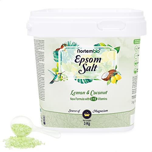 Nortembio Sali di Epsom 100% Fragranza Limone e Cocco 3 kg – Fonte Naturale di Magnesio | Con Vitamina C ed E Idratante | Per Bagni Rilassanti, Spa e Cura della Pelle + E-Book Gratuito