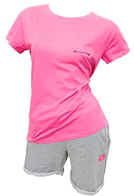 Lotto Tuta Donna Estiva - Completo Donna Sportivo in Cotone - T-Shirt e Bermuda (T-Shirt Pink+Bermuda Blu, L)