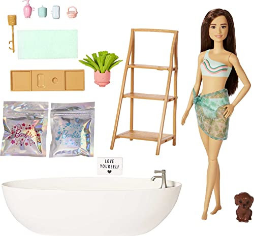 Barbie HKT93 - Spielset mit Barbie-Puppe mit Hündchen und Badewanne, Kinderspielzeug, brünett, farbenfrohe Konfettiseife und Zubehör, Thema Selbstfürsorge und Wellness, Puppen Spielzeug ab 3 Jahren