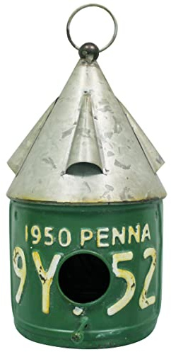 CVHOMEDECO. Bird House for Outdoor with Pole Rustic Vintage Metal Garden Decor., Single Roof Hanging Birdhouse for Outside, Postbox Design