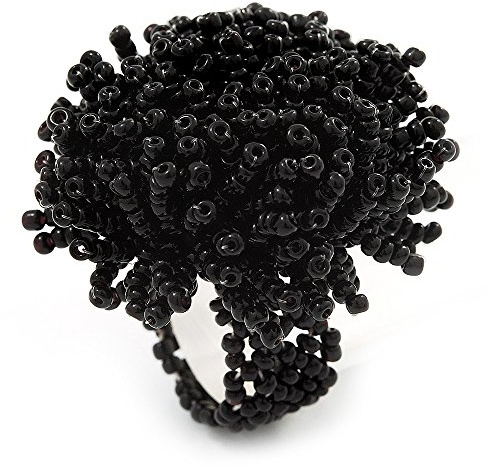 Avalaya Grande bague élastique en perles de verre noires avec fleur