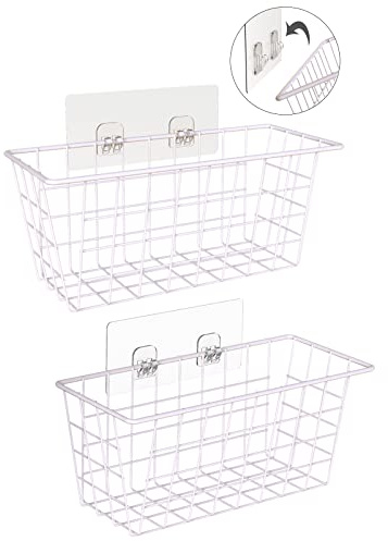 Hanging Kitchen Baskets For Storage Adhesive Small Wire Storage Baskets No Drilling Wall Mounted Shelf for Kitchen Pantry Room Cabinet Bathroom, 2 PACK, White