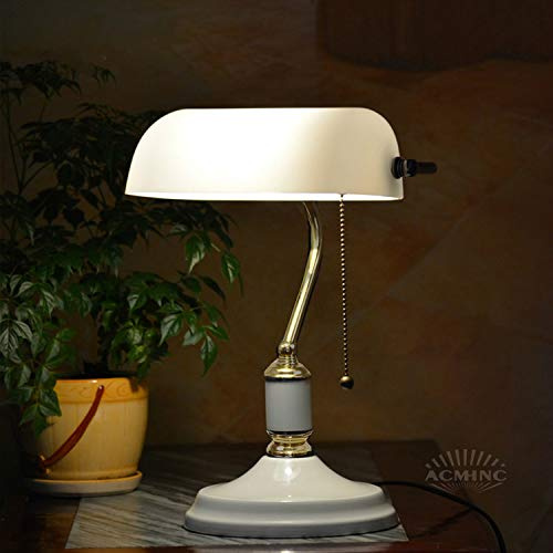 Lámpara de escritorio tradicional de banqueros blanca, E27 Lámpara de mesa de banqueros vintage con interruptor de tiro y pantalla de vidrio giratoria, lámpara retro clásica para dormitorio, sala de
