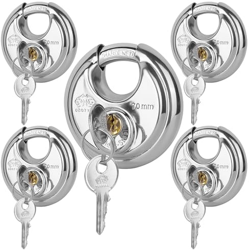 DuoTyga Discus Keyed Alike Padlock, 2-3/4 Inch Wide, Heavy Duty Stainless Steel Outdoor Disc Lock with Key for Storage Unit, Garages, Fence and Sheds, 5 Pack