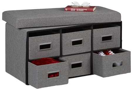 Relaxdays Panca Contenitore con 6 Cassetti, Pieghevole, Ingresso o Camera Letto, HLP 39x75,5x37 cm, Porta Giochi, Grigio