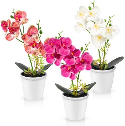 Halbur 3 Kunstblumen Orchideen Wie Echt (31cm), 3PCS Kunstblumen im Topf, künstliche Orchideen Lila Rosa Weiß Gefälschte Phalaenopsis für Home Office Dekoration