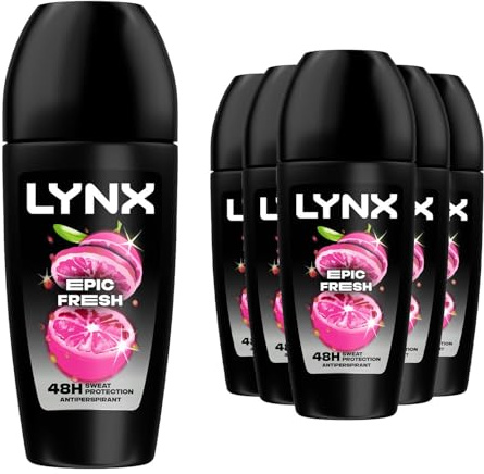Lynx Epic Fresh Roll On 48 Hours Anti Sweat Faster Drying Anti-Perspirant with Long Lasting Sweat and Odour Protection Travel Size Deodorant for Men for All Skin Types, 50ml Pack of 6