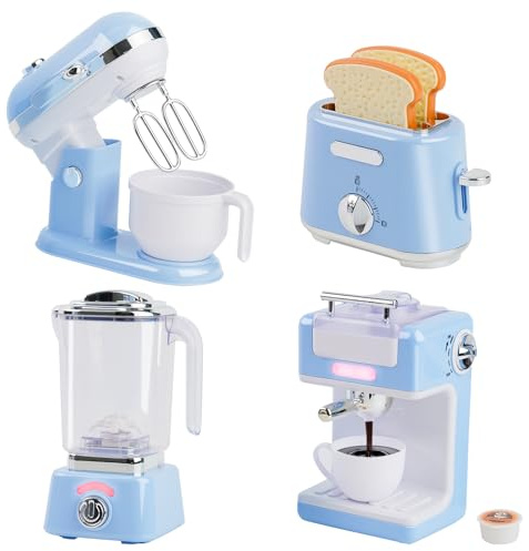 Kids Toy Appliances Playset,Pretend Play Toy Kitchen Set with Coffee Maker/Toy Mixer/ Toaster/Juicer Machine Toddler Play Kitchen Accessories Set,Gift for Boys Girls (Blue)