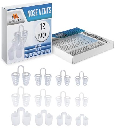 Nose Vent Sinus Relief (Pack of 12 Various Types and Sizes) - A Simple Solution for Nasal Snorers - Reusable Snoring Device to Enjoy a Peaceful Night's Sleep - by Mobi Lock
