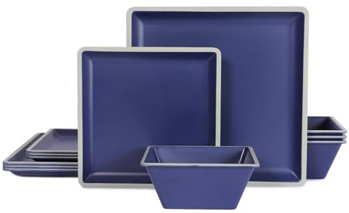 Set di stoviglie quadrate in melamina, set di piatti quadrati e ciotole resistenti, set da 12 pezzi, infrangibili, leggeri, servizio per 4, blu