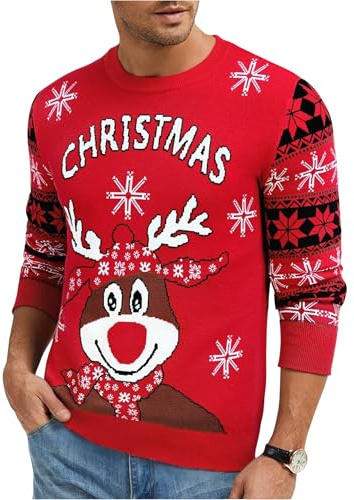 Uniexcosm Maglione di Natale Uomo Cotone Maglione Uomo Invernale Natalizio Girocollo Maglione Lungo Uomo Inverno Rosso XL