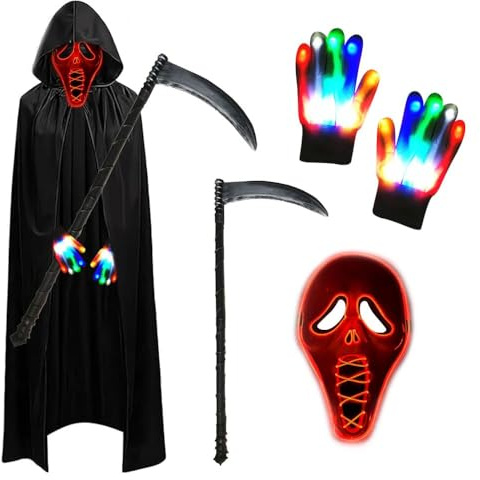 Anyingkai Disfraz de Parca de Halloween,Disfraz de Halloween Hombre,Halloween Disfraz la Muerte Adulto,Capa con capucha disfraz,con Máscara de Esqueleto,Guantes LED,Guadaña (Rosso-A)