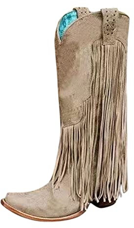 Stivali da cowboy da donna in pelle scamosciata sopra il ginocchio, con frange, da cowboy, da equitazione, da donna, da motociclista, cachi, 37