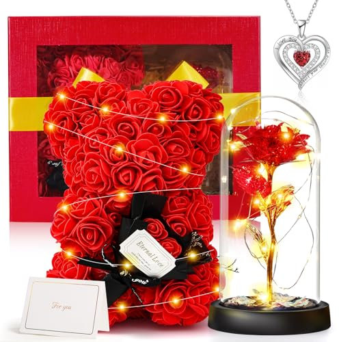 Cadeau Femme, Cadeau Rose pour la Saint-Valentin, Cadeau Anniversaire Femme pour Elle - Ours en Rose, Rose Eternelle et Collier, Idee Fleur Cadeaux pour Maman Petite Amie Femme À Fête des Mères