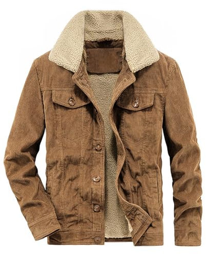 Momooda Herren Cargo Cordjacke Warme Trucker Jacke mit Sherpa Gefütterte Winterjacke Outdoorjacke mit Knopfleiste, L, Khaki