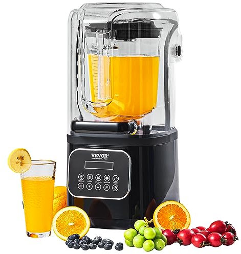 VEVOR Frullatore per Bevande Fredde da Banco Frullatore in Barattolo di Vetro con Scudo Capienza ca. 2L, Mixer Potenza Nominale 1400W Acciaio Inox 5 Funzioni per Bevande Ghiacciate, Smoothie, Nero