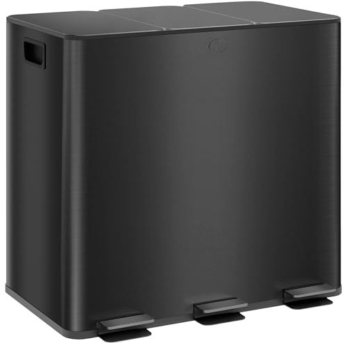 HOMCOM Mülleimer Küche 3 x 15 L Treteimer mit Softclose-Deckel und Pedal Mülltrennsystem 3 Fächer inkl. Inneneimer Abfalleimer Abfallsammler, Edelstahl, Schwarz, 61,9 x 36,6 x 43,2 cm