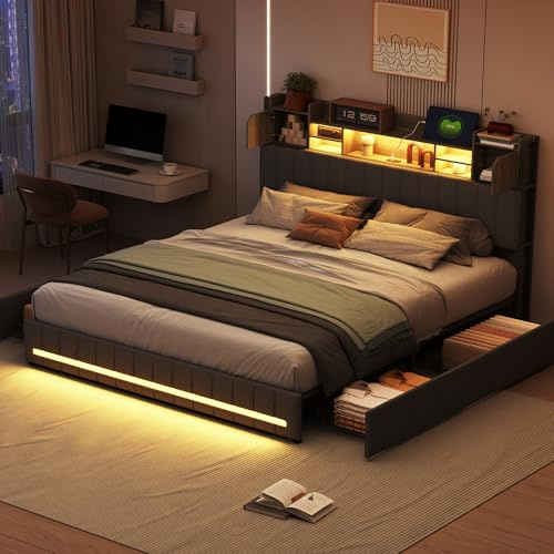 LKPOMI Lit 140x200 avec Sommier LED et USB, Cadre de Lit Double Capitonné avec Tête de Lits de Rangement et 4 Tiroirs, Lits 2 Personnes avec sommier à Lattes, Lin, Gris (140 x 200 cm)